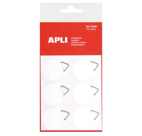 Apli Colgadores Autoadhesivos Redondos - Ø 30mm - Triangulo Metalico de Soporte - Base Adhesiva Blanca - 12 Unidades por Bolsa - Gran Resistencia - Ideal para Fotos, Calendarios y Posteres - Color Blanco (10 uds)