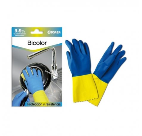Cegasa Guantes de Latex Talla XL 9-9 1/2 - Flocados - Uso General, Domestico, Limpieza, Industria Quimica - Espesor en Palma de 0,6mm - Color Azul/Amarillo
