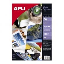 Apli Film Poliester Blanco Adhesivo A4 - Acabado Brillante - Secado Instantaneo - 50 hojas