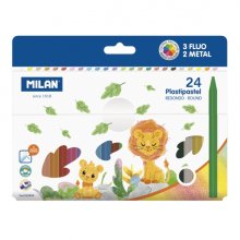 Milan Plastipastel Pack de 24 Ceras de Colores Redondas - Contiene 3 Ceras Fluo y 2 Metal - Colores Surtidos