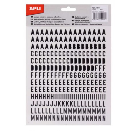 Apli Letras de Palo Mayusculas Adhesivas - Altura 10mm - Color Negro - Pack de 2 Hojas con 486 Letras (5 uds)