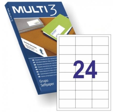 Multi3 Pack de 2.400 Etiquetas Rectangulares TamaÃ±o 64,6x33,8mm - 100 Hojas por 24 Etiquetas - Adhesivo Permanente - Cantos Rectos - Color Blanco