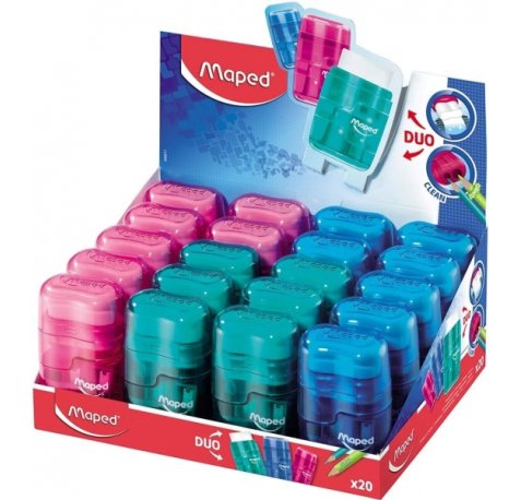 Maped Connect Duo Afilaborra de 2 Orificio con Goma de Borrar - Deposito de Gran Capacidad - Forma Ergonomica - Cuerpo Translucido de Colores Surtidos (20 uds)