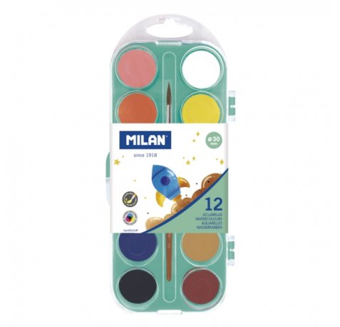 Milan Paleta de 12 Acuarelas Opacas de 30mm - Practico Estuche - Incluye Pincel - Colores Surtidos