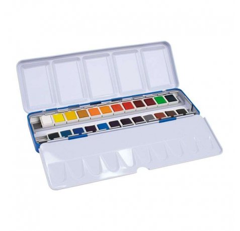 Milan Art Estuche Metalico de 24 Acuarelas Medio Godet - Opacos y Resistentes a la Luz - Mezclables - Bandeja Abatible - Colores Surtidos