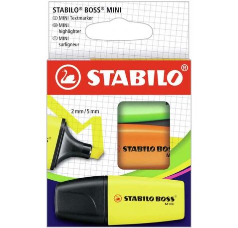 Stabilo Boss Mini Pack de 3 Marcadores Fluorescentes - Trazo entre 2 y 5mm - Tinta con Base de Agua - Antisecado - Colores Surtidos