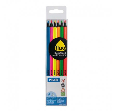 Milan Fluo Pack de 6 Lapices Triangulares de Colores - Mina 2.9mm - Ergonomicos - Resistente a la Rotura - Madera de Tilo - Colores Surtidos