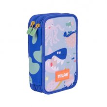 Milan Blue Odyssey Plumier de 2 Pisos con Regla - Sacapuntas - Gomas de Borrar - Lapices de Grafito y de Colores - Rotuladores - Boligrafo Azul - 19.5x13x5cm - Multicolor