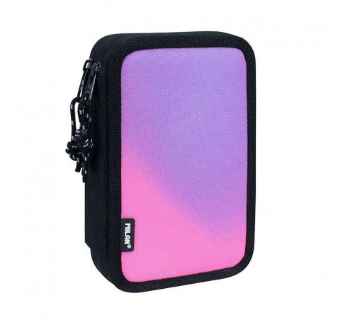 Milan Sunset Plumier de 2 Pisos con 2 Gomas de Borrar, Sacapuntas, Lapiz, Boligrafo Compact, Regla, 12 Lapices de Colores y 18 Rotuladores - Color Negro/Rosa