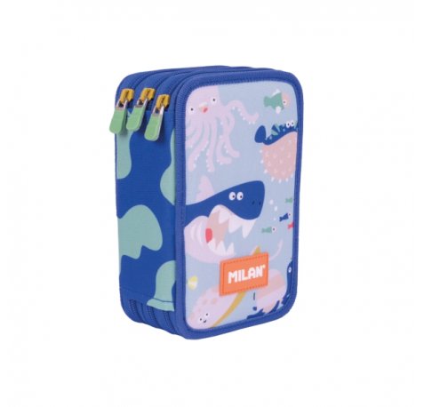 Milan Blue Odyssey Plumier de 3 Pisos con Goma de Borrar - Sacapuntas - Lapiz - 3 Boligrafos - Regla - 12 Lapices de Colores - 6 Lapices de Colores Metalizados - 5 Fluorescentes - Tijeras y 18 Rotuladores - 19.5x13x7.5cm - Multicolor