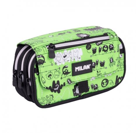 Milan Tandem 2 Estuche Portatodo con Solapa - Cremallera - 4 Compartimentos - 13x24x10cm - Color Verde