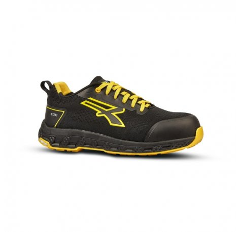 Upower Fitz ESD Zapato de Seguridad - Talla 44 - Corte U-KNIT Elastico, Puntera Fibertoe, Plantilla Antiperforacion Ultraligera, Suela EVA, Proteccion S1PS HI HRO FO SR - Color Negro/Amarillo