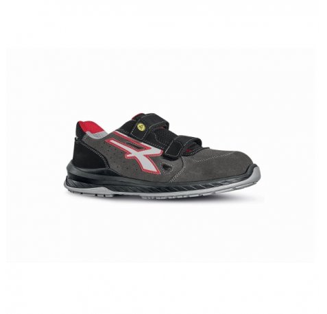 Upower Oslo S ESD Calzado de Seguridad sin Cordones - Talla 43 - Gamuza Suave, Cierre de Velcro, Puntera Airtoe Composite, Antiperforacion, Suela Antideslizante, Antiestatica, Antifatiga, Proteccion S1PS FO SR - Color Gris/Rojo