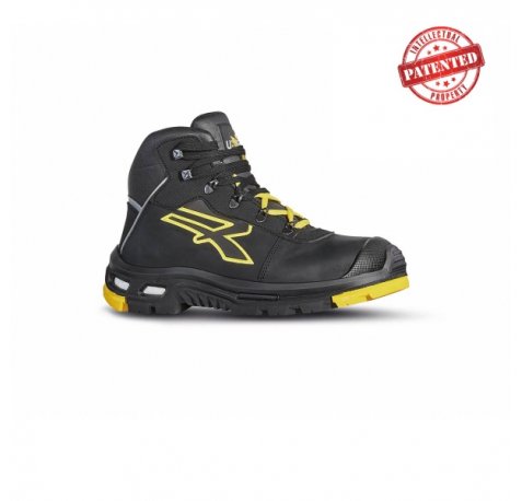 Upower Cosmo S Calzado Altos de Seguridad Laboral - Talla 43 - Piel Pull-Up Suave, Hidrofugos, Puntera Aluminio AirToe, Suela PU/Vibram, Costuras Kevlar, Proteccion S3S CI HI HRO FO SR - Color Negro/Amarlllo