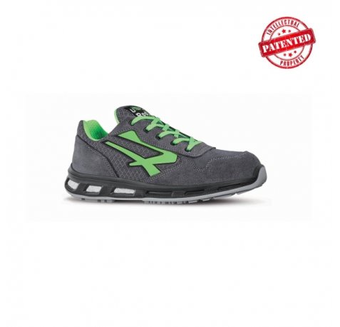 Upower Point S ESD Calzado de Seguridad Bajos - Talla 42 - Parte Superior de Nailon Ultraflexible y Gamuza Suave, Puntera de Aluminio, Antiarrugas, Antideslizantes, Suela de Poliuretano, Proteccion S1PS FO SR - Color Gris Oscuro/Verde