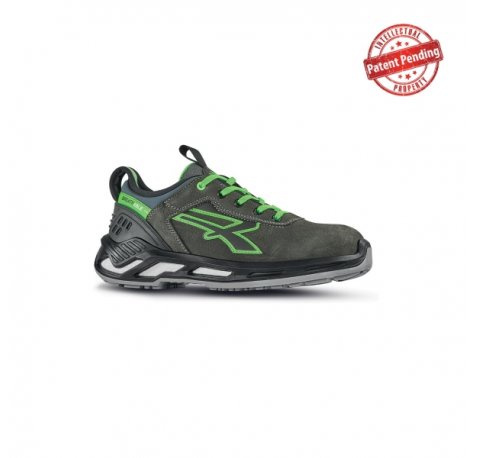 Upower Naos S ESD Calzado de Seguridad Bajos - Talla 42 - Piel Nobuck Hidrorepelente, Collarin Lycra, Escudo Anti-Impactos, Puntera Aluminio, Antideslizante, Proteccion S3S CI FO SR - Color Gris Oscuro/Verde