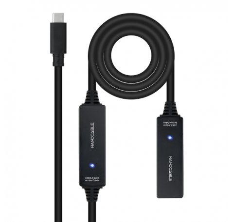 Nanocable Cable Prolongador USB-C 3.2 Macho a USB-C 3.2 Hembra - 10 Metros - Amplificador - Color Negro