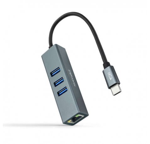 Nanocable Adaptador de Red USB-C a Ethernet Gigabit 10/100/1000 Mbps + 3 Puertos USB 3.0