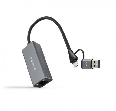 Nanocable Adaptador de Red USB-C + USB-A/M 3.0 a Ethernet Gigabit 10/100/1000 Mbps - 15 cm - Color Gris