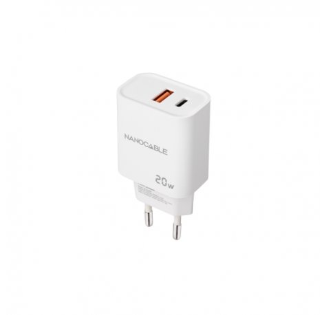 Nanocable Cargador de Pared USB-C/PD + USB-A/QC 20W - Color Blanco
