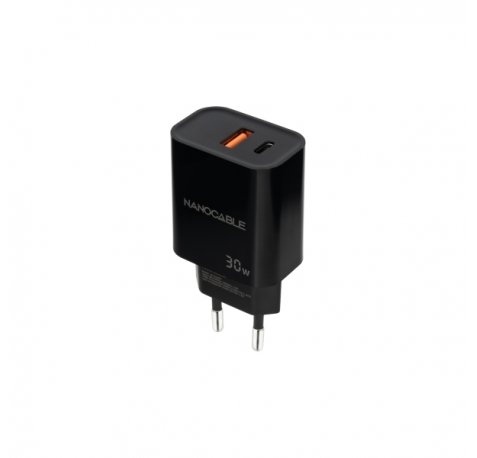 Nanocable Cargador de Pared USB-C/PD + USB-A/QC 30W - Color Negro