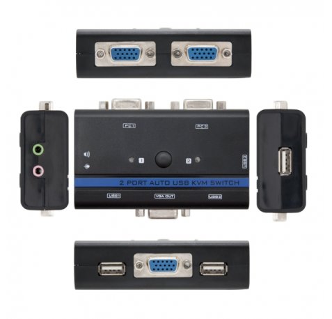 Nanocable Conmutador KVM - Resolucion hasta 1920x1440 - Video VGA - Teclado y Raton USB - Audio y Microfono - Cables Incluidos - Indicador LED - Controla 2 PC - Color Negro