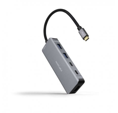 Nanocable HUB USB-C 6 en 1 - Conversor USB-C 3.2 GEN1 5G a 2 x USB-A + 2 x USB-C + HDMI + USB-C PD 100W - Aluminio - 15 cm - Color Gris