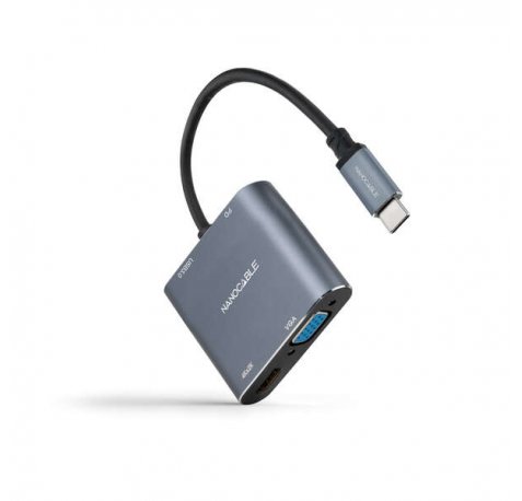 Nanocable Conversor USB-C a HDMI, VGA, USB 3.0 y USB-C PD - Longitud del Cable 15cm - Color Gris