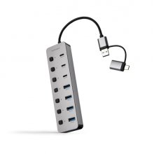 Nanocable Hub USBA/USB-C - 4x USB-A + 3x USB-C 3.0 + USB-C 5V - Interruptores Individuales ON/OFF - Cable 18cm - Color Plata