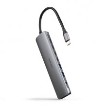 Nanocable HUB USB-C 8 en 1 - Conversor USB-C 3.1 a 2 x USB-A 3.0 + 3 x USB-C 3.0 + USB-C PD 100W + HDMI 4K@60Hz + Audio Jack 3.5 - Aluminio - 18cm - Color Gris