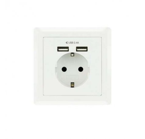 Nanocable Roseta Base de Enchufe de Pared Empotrable Tipo Schuko con 2 Tomas USB 2.4A - Color Blanco
