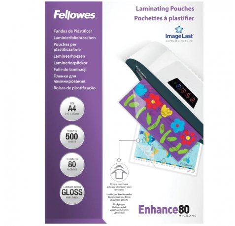 Fellowes Imagelast Pack de 500 Fundas para Plastificar - Formato A4 - Efecto Brillo - 80 micras - Flechas Indicadoras de Direccion - Transparente