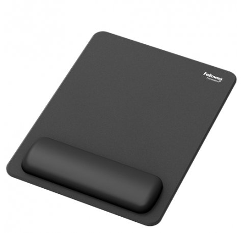 Fellowes Breyta Alfombrilla con ReposamuÃ±ecas XL - Revestimiento Antipolvo - Proteccion Antimicrobiana - Tacto Suave - Fabricado con Material Reciclado - 28x21x1.75cm - Color Negro