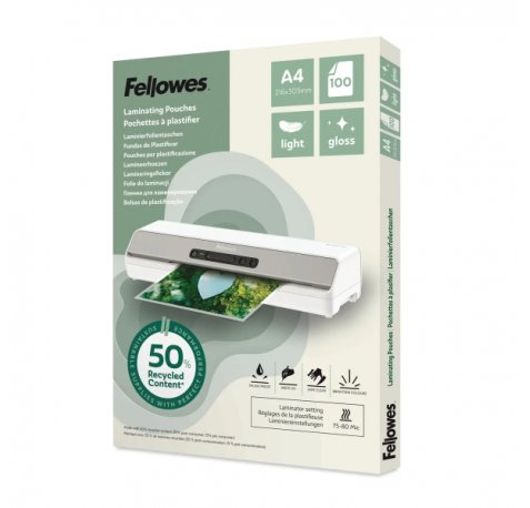 Fellowes Pack de 100 Fundas para Plastificar - Formato A4 - 80 micras - Efecto Brillo - Fabricado con 50% Material Reciclado - Transparente