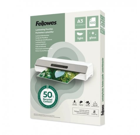 Fellowes Pack de 100 Fundas para Plastificar - Formato A3 - 80 micras - Efecto Brillo - Fabricado con 50% Material Reciclado - Transparente