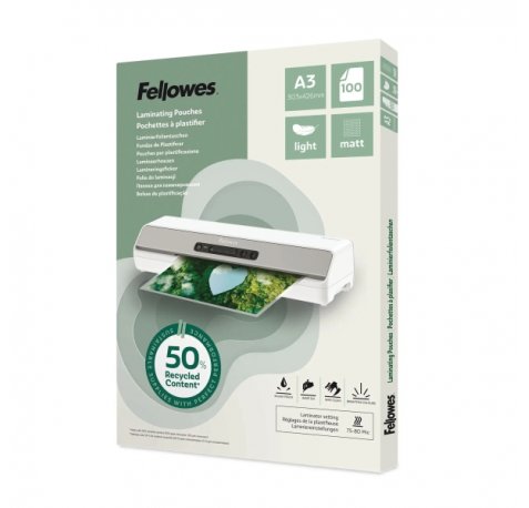 Fellowes Pack de 100 Fundas para Plastificar - Formato A3 - 80 micras - Efecto Mate - Fabricado con 50% Material Reciclado - Transparente