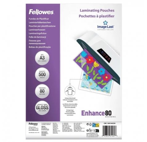 Fellowes Imagelast Pack de 500 Fundas para Plastificar - Formato A3 - Efecto Brillo - 80 micras - Flechas Indicadoras de Direccion - Transparente