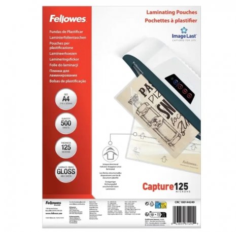 Fellowes Imagelast Pack de 500 Fundas para Plastificar - Formato A4 - Efecto Brillo - 125 micras - Flechas Indicadoras de Direccion - Transparente