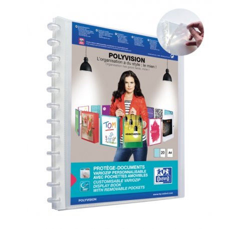 Oxford Polyvision Variozip A4+ Carpeta de Fundas Removibles - Tapa de Plastico Personalizable - 20 Fundas Transparentes - Organizacion y Proteccion para tus Documentos (10 uds)