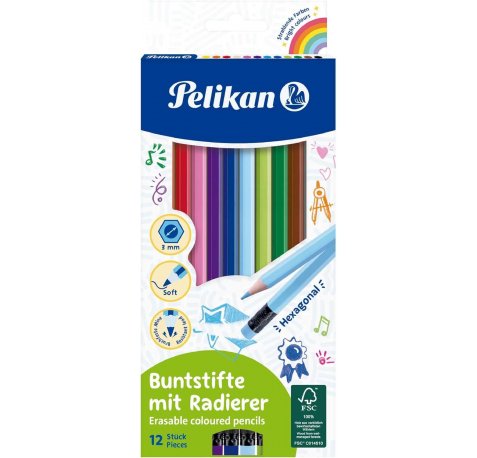 Pelikan Caja de 12 Lapices de Colores Borrables Hexagonales - con Goma - Mina Antirotura - Certificacion FSC