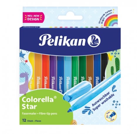 Pelikan Colorella Star Pack de 12 Rotuladores de Colores - Punta Fina - Tinta Lavable - Agarre Ergonomico - Colores vivos Surtidos