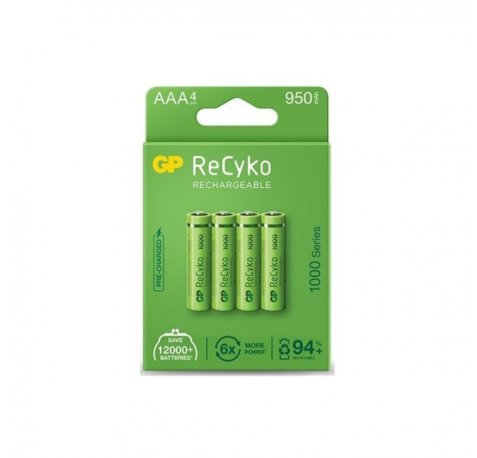 GP ReCyko Pack de 4 Pilas Recargables 950mAh AAA 1.2V - Precargadas - Ciclo de Vida: Hasta 1.000 Veces