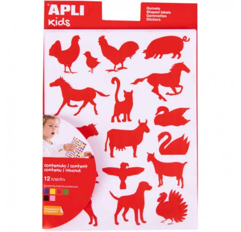 Apli Bolsa de Gomets de Adhesivo Permanente con Formas de Animales de Granja - 204 Gomets por Bolsa - Desarrolla la Psicomotricidad Fina y Cumple con Normas de Calidad y Seguridad (10 uds)