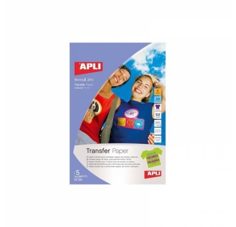 Apli Pack de 5 Hojas de Papel Transfer para Impresoras Inkjet - Ideal para Prendas de Color - Perfecto para Personalizar Ropa de Algodon - Facil de Usar y Lavar con Agua Fria