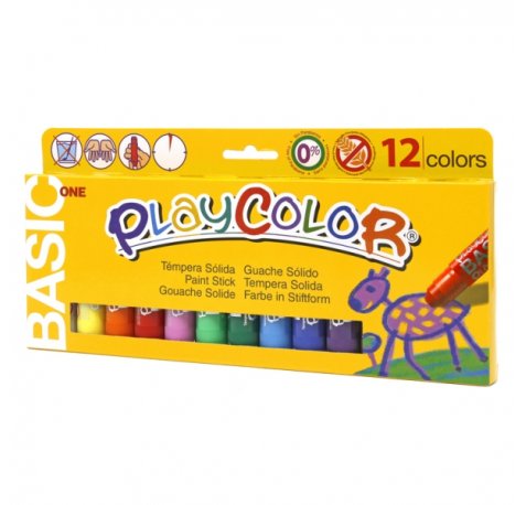 PlayColor Basic One Pack de 12 Temperas Solidas - No Arrugan el Papel - No Necesitan Agua - Especial para Uso Escolar - Colores Surtidos