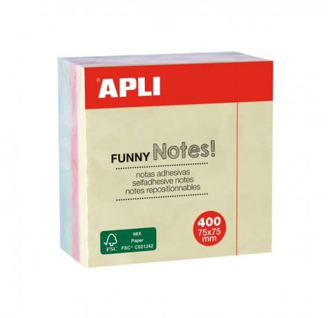 Apli Funny Cubo de 400 Notas Adhesivas 75 x 75 mm - Colores Pastel Surtidos