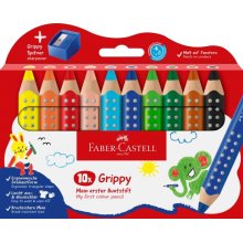 Faber-Castell Grippy Pack con 10 Lapices de Colores Gruesos Mina XXL Suave + Sacapuntas - Forma Triangular con Grip - Colores Surtidos