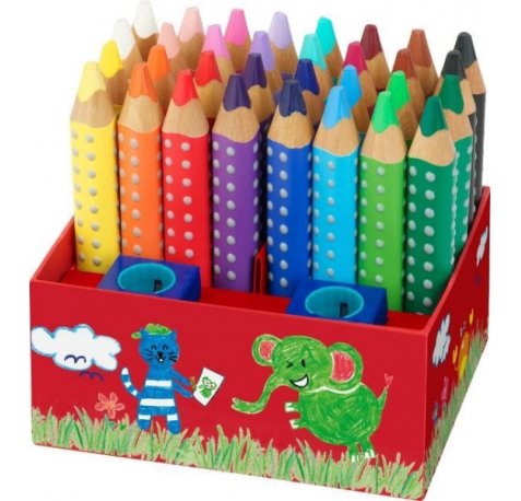Faber-Castell Grippy Pack con 32 Lapices de Colores Gruesos Mina XXL Suave + 2 Sacapuntas - 2 Lapices por Color - Forma Triangular con Grip - Colores Surtidos