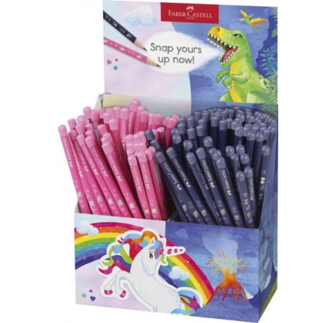 Faber-Castell Expositor de 144 Lapices de Grafito HB - Diseños con Motivos de Dinosaurios y Unicornios - Colores Surtidos