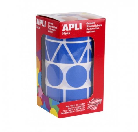 Apli Rollo de Gomets con Formas Surtidas - Adhesivo Permanente - 1.357 Gomets - Ideal para Guarderias - Desarrolla Psicomotricidad Fina - Adhesivo Base Agua - Color Azul